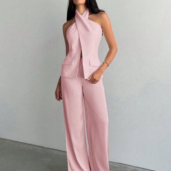 Pink Elegant Women's Sexy Backless Halter Top - Picture 3 of 6